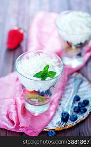 fruit mix with whipped cream in glass