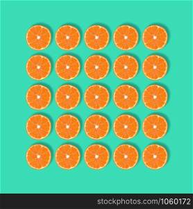 Fruit pattern of fresh mandarin slices isolated on blue or mint background. Flat lay, top view. Pop art design, creative summer concept. Half of tangerine citrus in minimal style.. Fruit pattern of fresh mandarin slices isolated on blue or mint background.