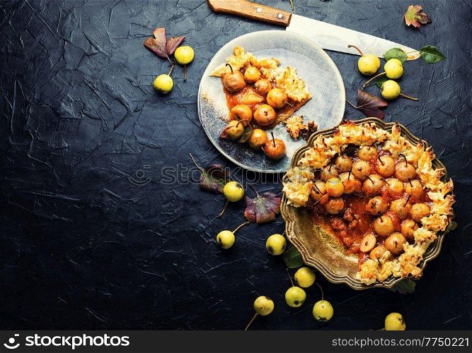 Fruit pie.Pear pie.Sweet autumn dessert.Copy space,top view. Autumn pie with pear,space for text