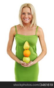 fruit pile in woman hands on white