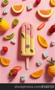 Fruit popsicle with ingredients over pink tile background. Illustration Generative AI 