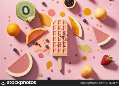 Fruit popsicle with ingredients over pink tile background. Illustration Generative AI 