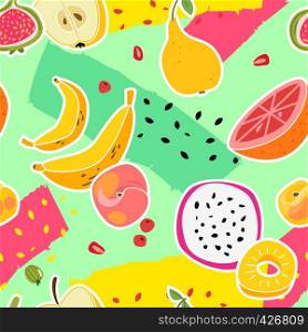 Fruit print. Fruits seamless pattern fresh food nature vitamin healthy eating colorful summer texture pink and green trendy cartoon vector background. Fruit print. Fruits seamless pattern fresh food nature vitamin healthy eating colorful summer texture trendy cartoon vector background