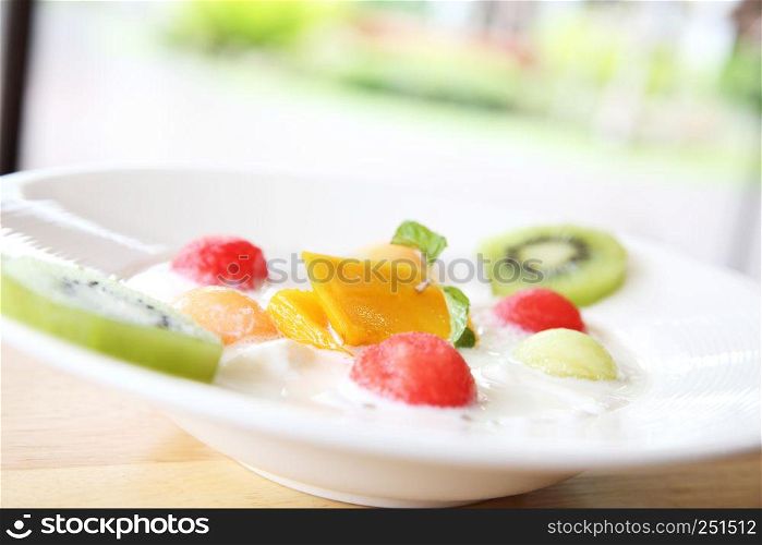 Fruit pudding on wood background