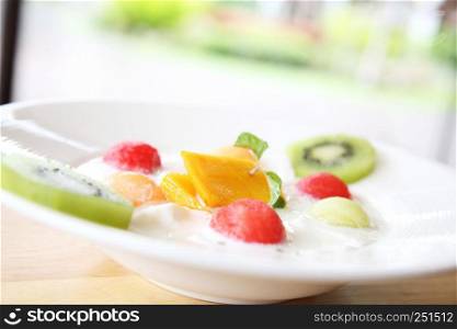 Fruit pudding on wood background