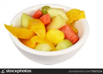 Fruit salad in a bowl on a white background.