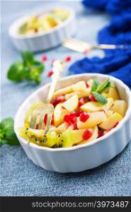 fruit salad in bowl, vitamin salad with mint leaf