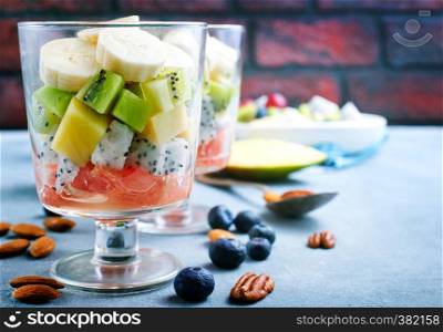 fruit salad in glass, fresh fruits and berries