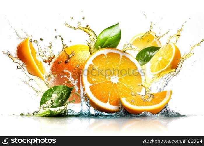 Fruit splashing of juice with orange with a splash of water on white background, digital illustration painting, Generative AI