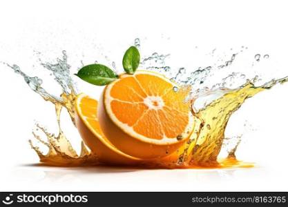 Fruit splashing of juice with orange with a splash of water on white background, digital illustration painting, Generative AI