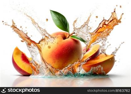 Fruit splashing of juice with peach with a splash of water on white background, digital illustration painting, Generative AI