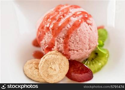 Fruit strawberry ice cream in plate . Fruit ice cream