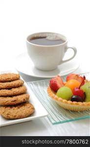 Fruit tart, cookies and coffee