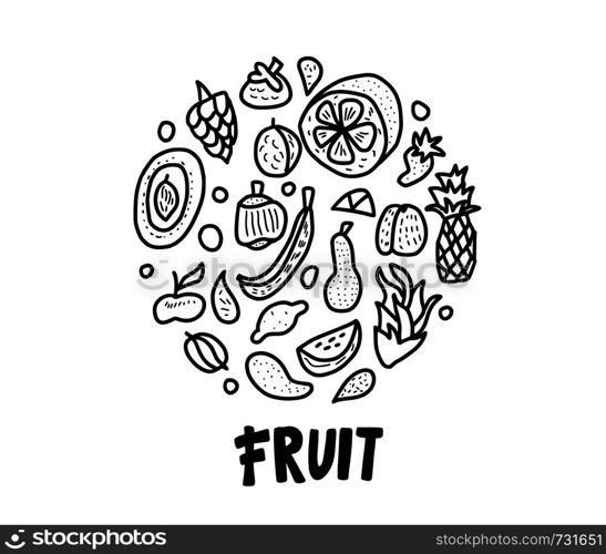Fruit vector round concept in doodle style. Set of fresh apple, pear, orange, mango, lemon and etc. Circle sketch composition.