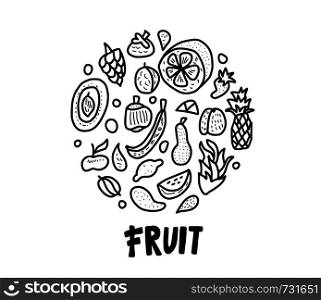 Fruit vector round concept in doodle style. Set of fresh apple, pear, orange, mango, lemon and etc. Circle sketch composition.
