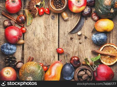 Fruits and pumpkins,nut in autumn still life on wooden table.Fall still life.Autumn background. Autumn fruit background