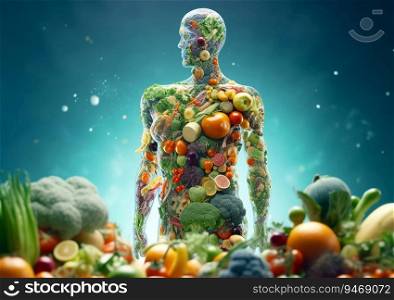 Fruits and vegetables in human body shape.Healthy lifestyle concept.AI Generative