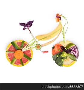 Fruits and vegetables in the shape of a bicycle in detail.