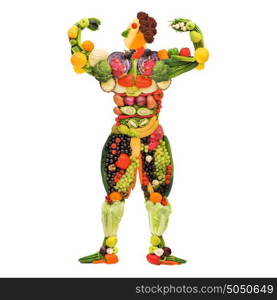 Fruits and vegetables in the shape of a healthy posing muscular bodybuilder.