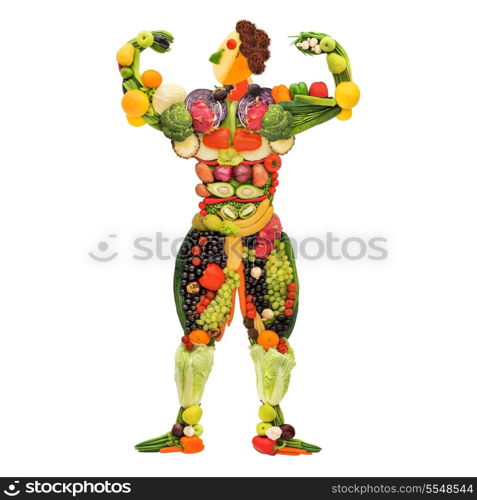 Fruits and vegetables in the shape of a healthy posing muscular bodybuilder.