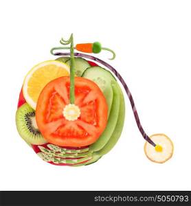 Fruits and vegetables in the shape of an old penny-farthing bicycle.