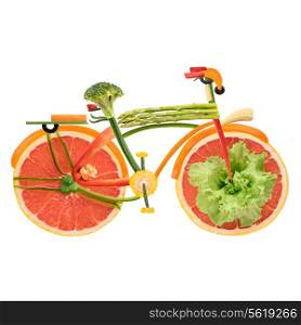Fruits and vegetables in the shape of an urban fixed gear bicycle in detail isolated on white background.