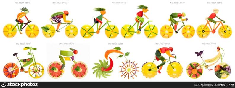 Fruits and vegetables in the shape of bike set with cyclists.