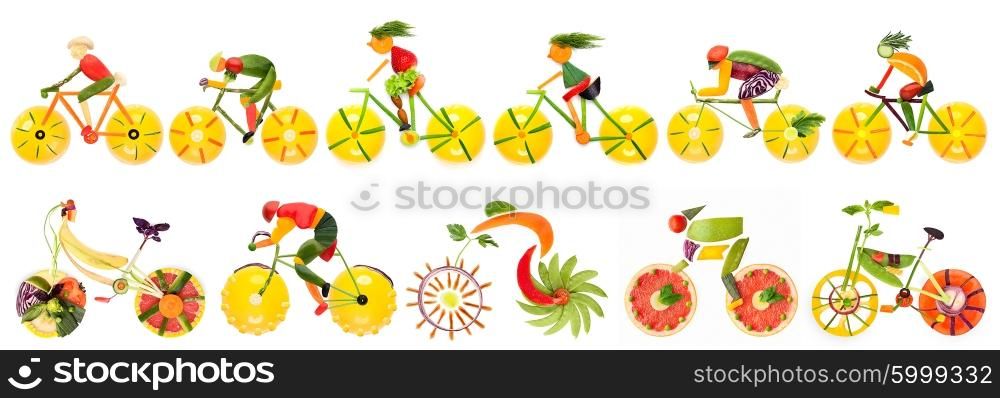 Fruits and vegetables in the shape of bike set with cyclists.