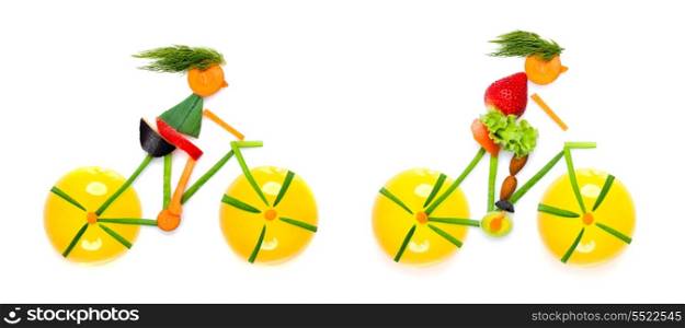 Fruits and vegetables in the shape of young cyclists riding bikes.