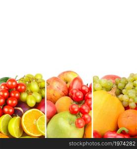 Fruits and vegetables isolated on a white background. Free space for text. Collage