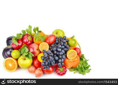 Fruits and vegetables isolated on a white background. Healthy food. Free space for text.