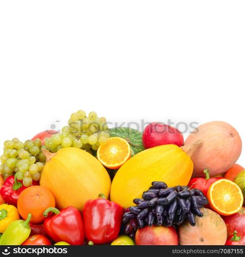 Fruits and vegetables isolated on a white background. Healthy food. Free space for text.