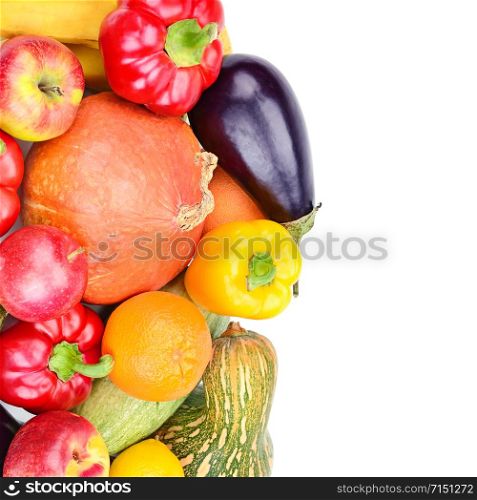 Fruits and vegetables isolated on a white background. Healthy food. Free space for text.
