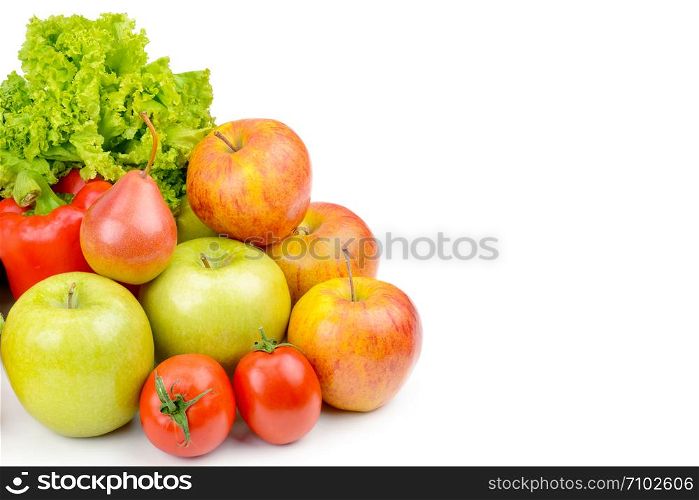 Fruits and vegetables isolated on a white background. Healthy food. Wide photo. Free space for text.