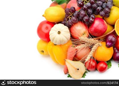 Fruits and vegetables isolated on a white background. Organic healthy food. Free space for text.