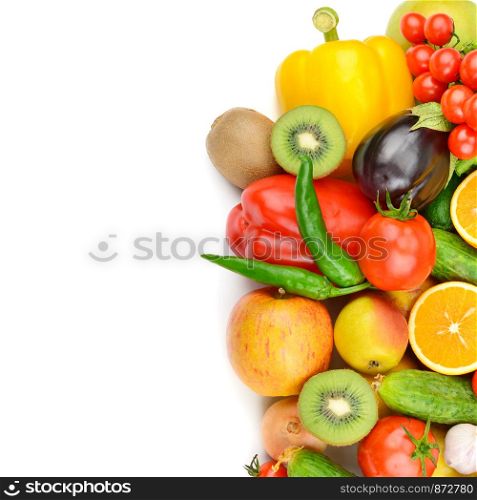 Fruits and vegetables isolated on white background. Flat lay, top view. Free space for text.