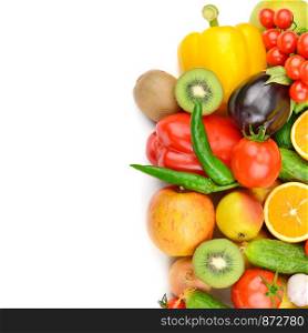 Fruits and vegetables isolated on white background. Flat lay, top view. Free space for text.
