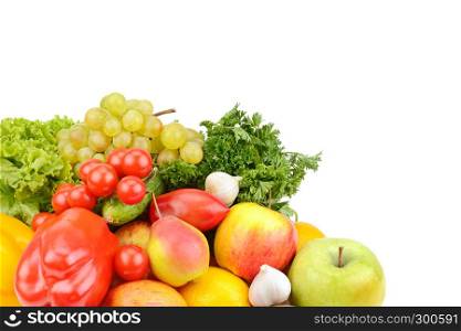 Fruits and vegetables isolated on white background. Healthy food. Free space for text.