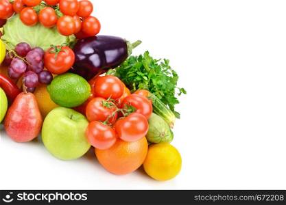 Fruits and vegetables isolated on white background. Organic food. Free space for text.