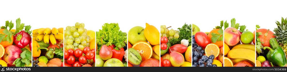 fruits and vegetables isolated on white background. Panoramic co. Collection fresh fruits and vegetables isolated on white background. Panoramic collage. Wide photo with free space for text.