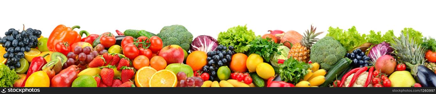 Fruits and vegetables isolated on white background. Wide panoramic photo for title.