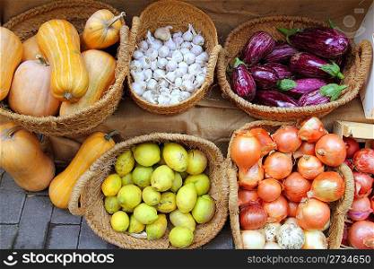 fruits and vegetables market garlic onion lemon eggplant basket