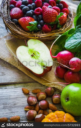 Fruits and vegetables on rustic background