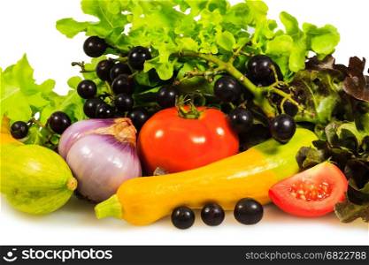Fruits and vegetables on white background