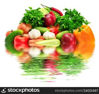 fruits and vegetables reflected in water