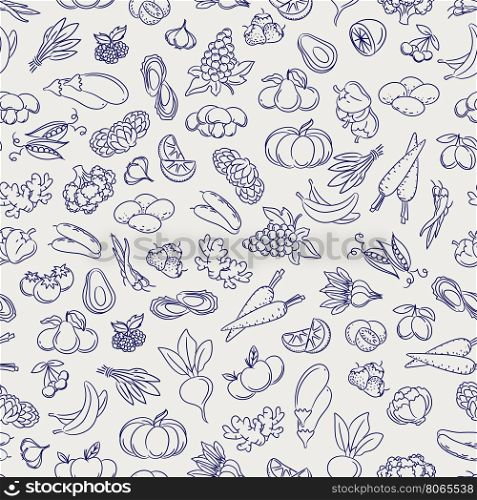Fruits and vegetables sketch seamless pattern. Fruits and vegetables seamless pattern. Food sketch style vectorbackground