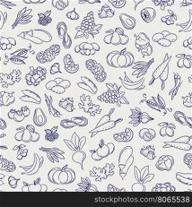 Fruits and vegetables sketch seamless pattern. Fruits and vegetables seamless pattern. Food sketch style vectorbackground