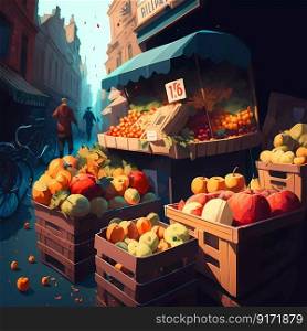 Fruits and vegetables street shopping.Illustration. High quality illustration. Fruits and vegetables street shopping. Flat illustration bazaar