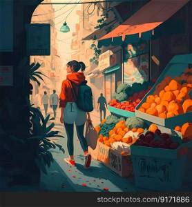 Fruits and vegetables street shopping.Illustration. High quality illustration. Fruits and vegetables street shopping. Flat illustration bazaar