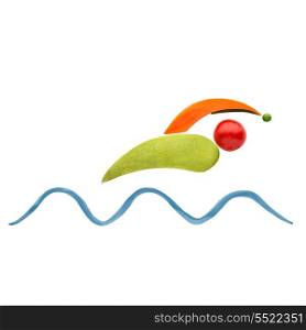 Fruits and vegs arranged in a swimmer shape in a pool swimming a front crawl.